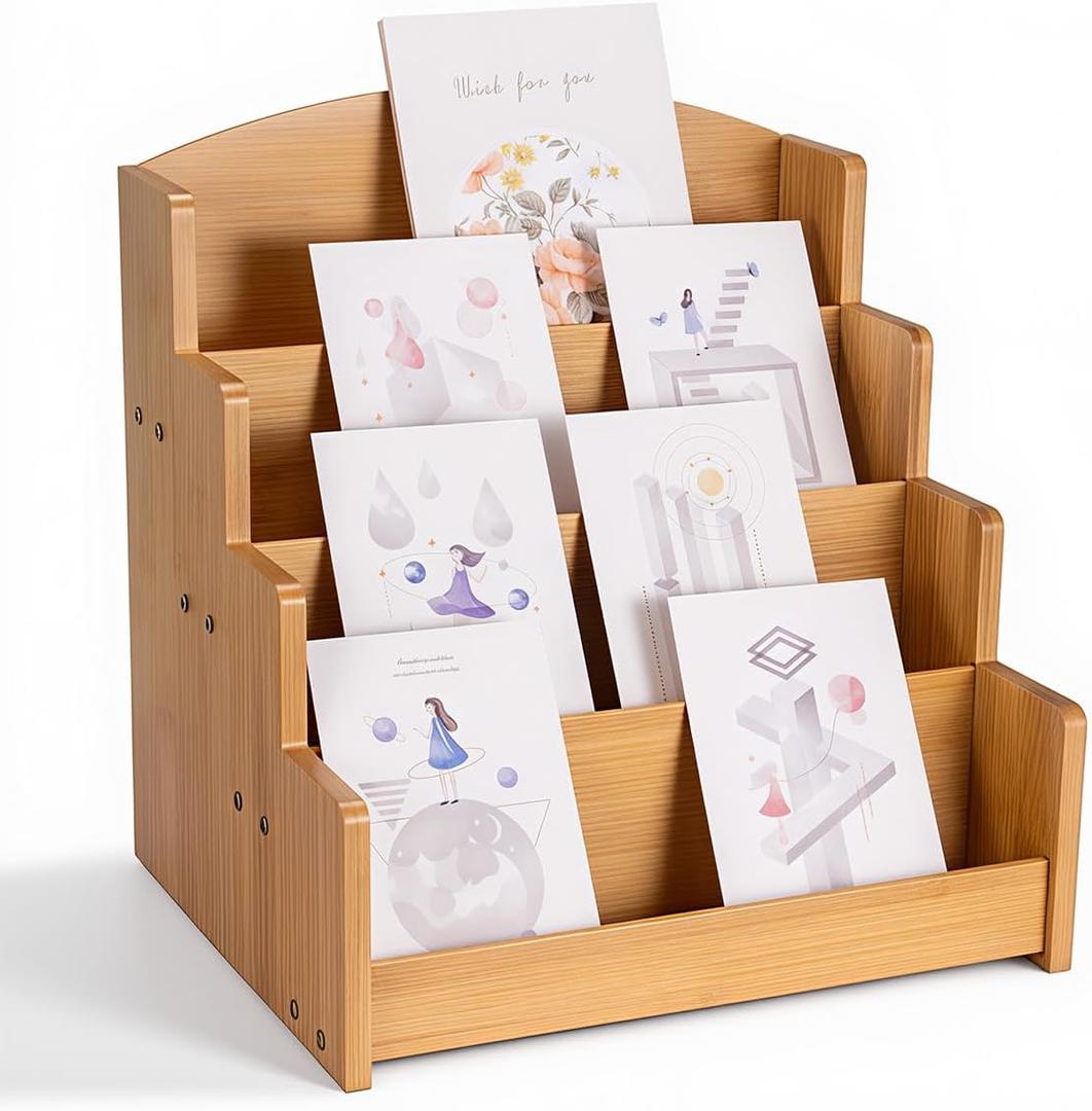 Bamboo Greeting Card Display Stand Holder - 4-Tier Sticker Organizer Rack, Trading Card Holder Retail Photos Shelf for Vendors Craft Collection & Show.