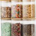 37oz Airtight Glass Square Storage Canisters with Bamboo Lids Set of 6 (1100ml) Striped Stackable Containers, Kitchen Jars for Pantry Noodles, Flour and Coffee beans (with Black Lable)