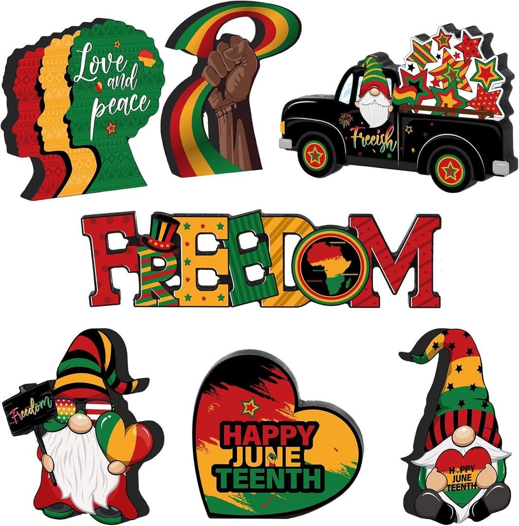 7 Pcs Juneteenth Day Decorations Wooden Happy Juneteenth Table Centerpieces Freedom Day Table Signs Wood 1865 Black American Independence Table Toppers for Home Desktop Decor (Without Base)