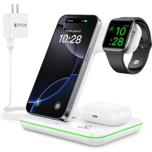 WAITIEE Wireless Charger for iPhone 16 15 14 13 12 11 X 8, 3 in 1 Charging Station for Apple Watch 10/9/8/7/6/5/4/3/2/SE/Ultra/Ultra 2 & for AirPods 4/3/2/Pro/Pro 2(White)