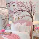 Pink Cherry Blossom Floral Birds Wall Decals Large Cherry Blossom Tree Branch Wall Stickers for Sofa TV Background Wall Decor Bedroom Living Room 67.32x42.91inch