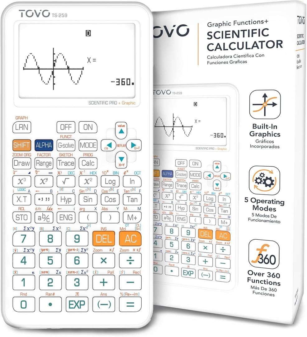 TOVO Scientific Calculator with Graphic Functions for Students, Graphing Calculators with Multiple Modes for High School or College Courses, Calculadora Cientifica, TS-259 White