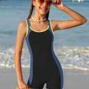 Girls One Piece Boyleg Swimsuit Color Block Athletic Bathing Suit Quick Dry Protection Crossback Swimwear for Kids