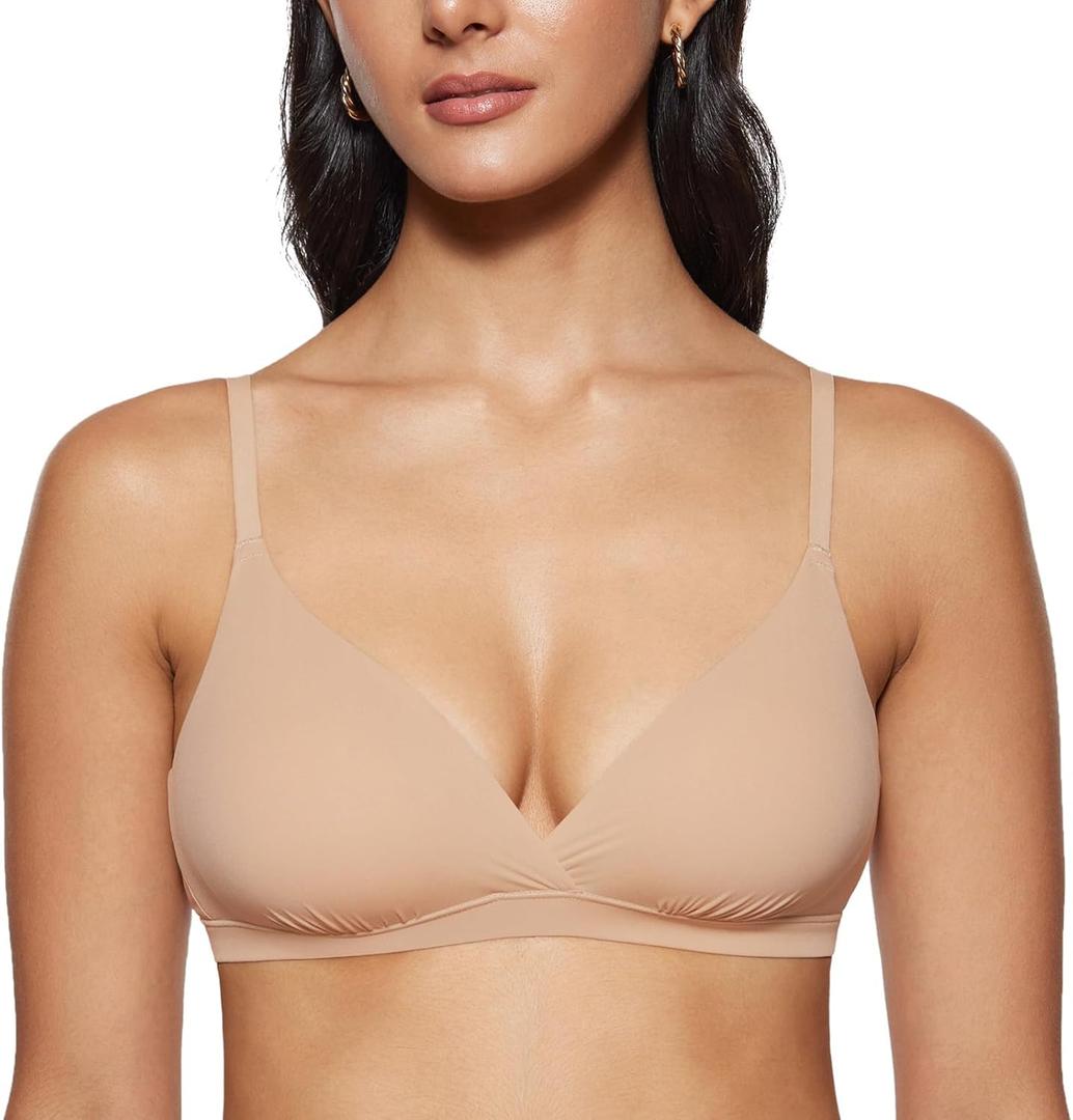 INLYRIC Women's Inbarely Triangle Bralette Comfortable Unlined V Neck Wireless Smoothing Bra Top Stretch (Medium, Warm Beige)