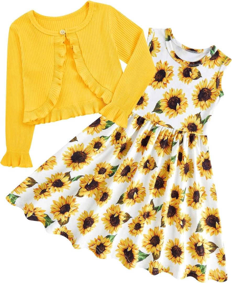 Toddler Girl Sleeveless Dresses and Long Sleeve Ruffle Cardigan 2 Piece Fall Outfits for 6-7Y(Yellow)