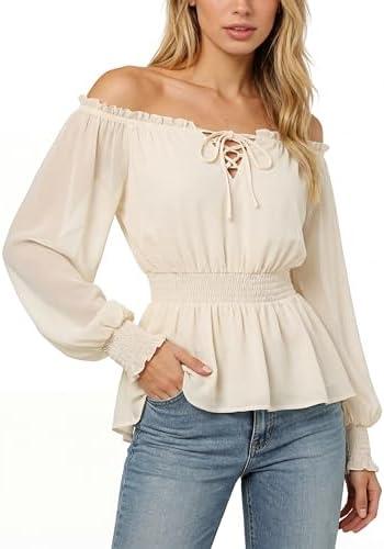 Scarlet Darkness Women's Renaissance Shirt Peasant Off Shoulder Tops Smocked Waist Long Sleeve Blouse, XL