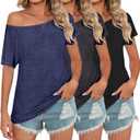 Riyiper 3 Pack Women's Off The Shoulder Shirts, Loose Fit Flowy Tops Short Sleeve Casual Summer Tshirt Athletic Workout Tunic (X-Large, Dark Blue, Dark Gray, Black)