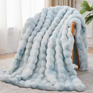 Anysay Faux Fur Throw Blanket, 1000GSM Fluffy Soft Bubble Blanket for Couch Bed, Cozy Plush Warm and Thick Rabbit Blanket for Living Room Bedroom 60''*80'' Tie-dye Blue