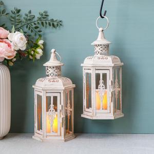 JHY DESIGN Set of 2 Rustic Decorative Lanterns 10" H Vintage Hanging Lantern Metal Candleholder for Indoor Outdoor, Events, Parities, Patio and Wedding(White with Gold Brush)