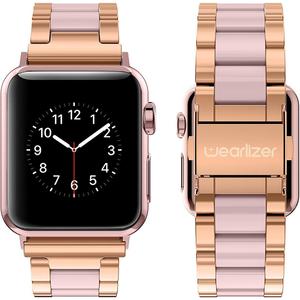 Wearlizer Compatible with Apple Watch Band 42/44/45/46/49mm Fashion Wristbands Women Stainless Steel + Resin Replacement Metal for iWatch Series 11 10 9 8 7 6 5 4 3 SE/Ultra 3 2 1Dark Rose Gold+Pink