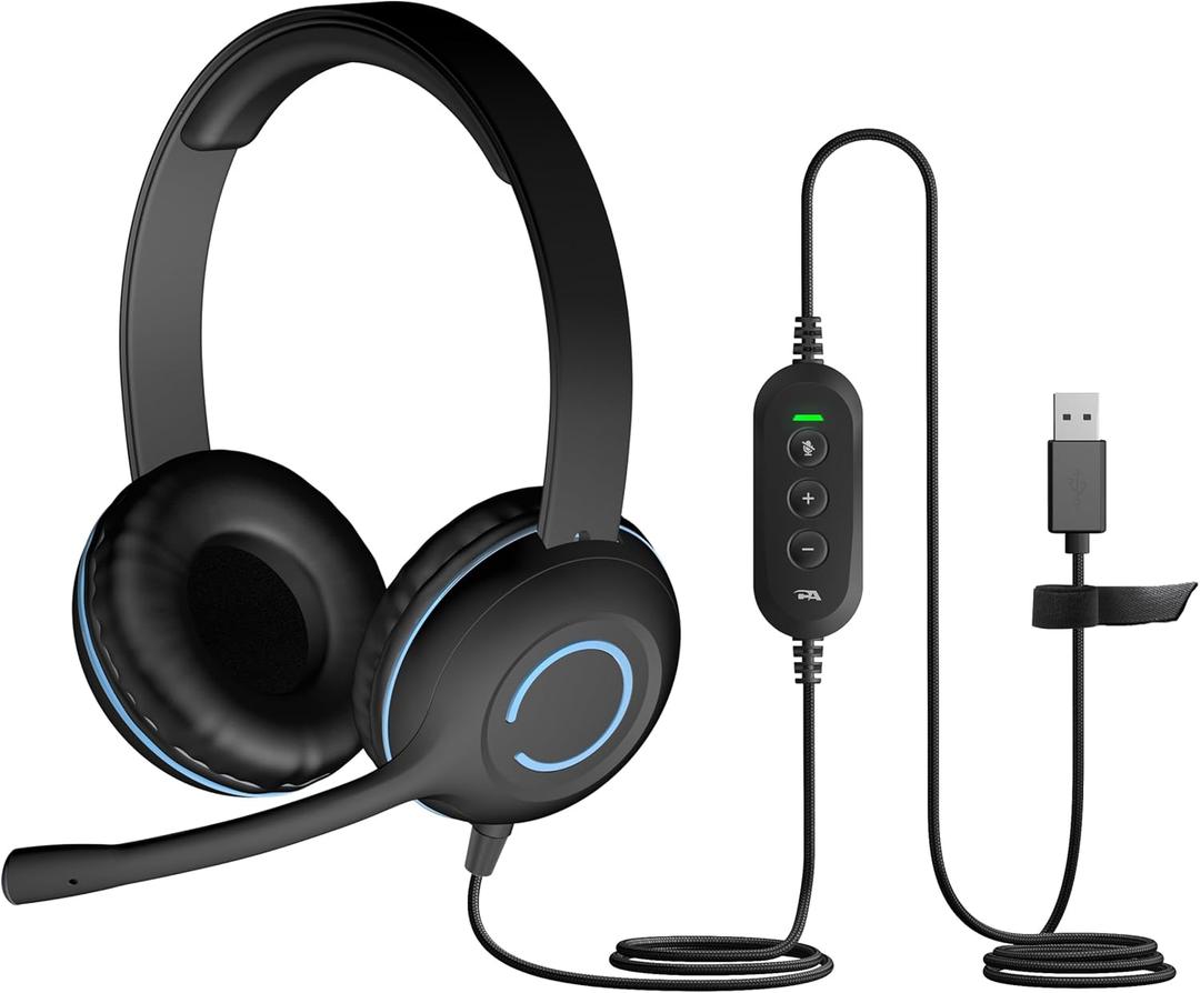 Cyber Acoustics Stereo USB Headset (AC-5008A), in-line Controls for Volume & Mic Mute, Adjustable Mic Boom for PC & Mac, Perfect for Classroom or Home