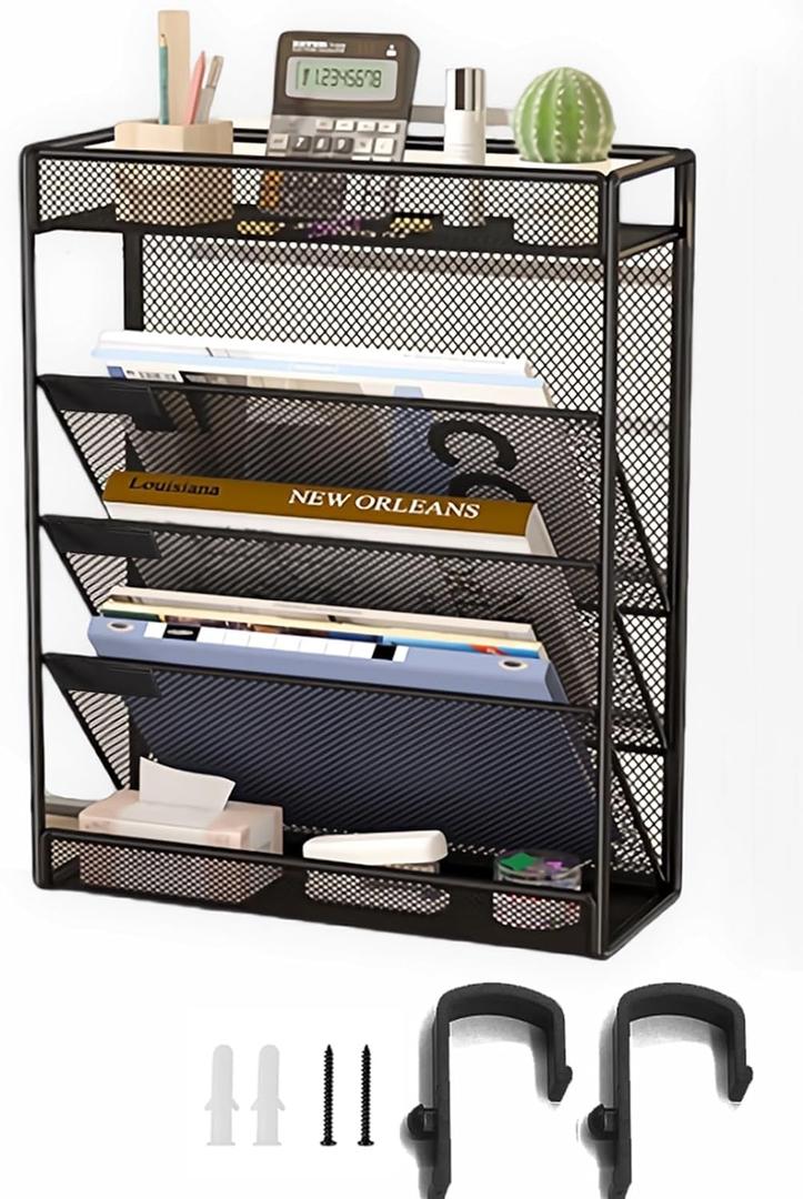 5 Tier Mesh Wall File Organizer,3 Pockets vertical Mount Hanging Organizer with Top/Bottom Tray | 2 Hooks | Wall Mount & Door Hanging for Office Home