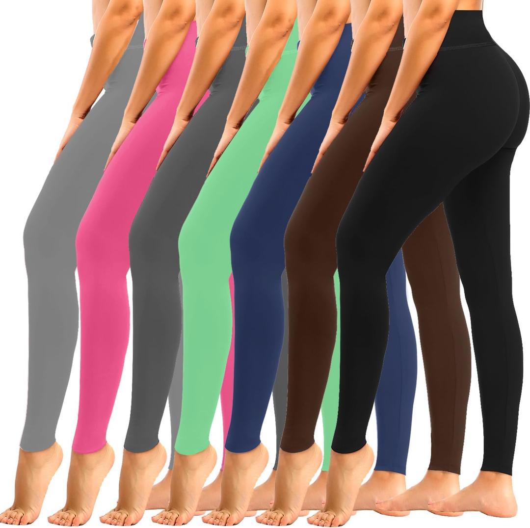 yeuG 7 Pack High Waisted Leggings for Women Tummy Control Soft Workout Yoga Pants Full Length & Capri (Large-X-Large, 03#black,coffe,navy,bright Green,grey,rose Red,light Grey)