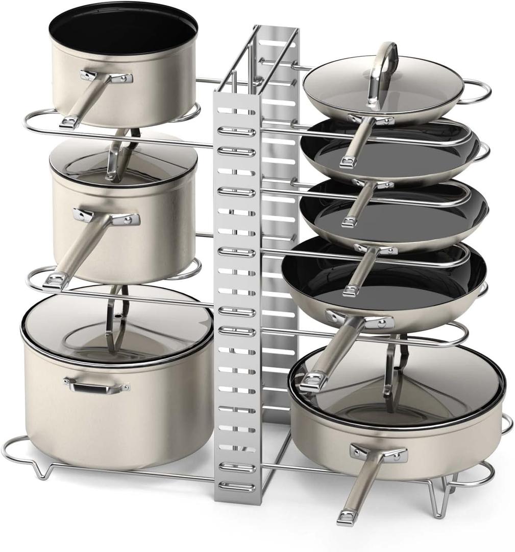 Vdomus Pot Rack Organizer - 3 DIY Methods, Pan and Lid Storage for Cabinet Organizing, 8+ Pot and Pan Holder, Adjustable Pot Rack Lid Holder (Silver)