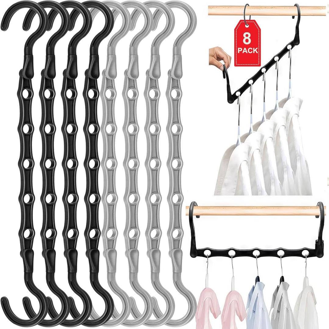 Closet Organizers and Storage, 8 Pack Stronger Space Saving Hangers for 40 Clothes, College Dorm Room Essentials for Guys Girls, Clothes Hanger with 5 Holes, Closet Storage, Magic Home Organization
