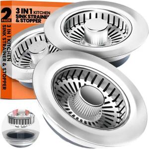 Kitchen Sink Drain Strainer & Sink Stopper, Upgraded 3 in 1 Stainless Steel Drain Plug Combo with Anti-Clog Basket, Pop Up Drain Cover for Standard 3-1/2'', Fits Double Bowl Kitchen Sinks (Chrome Silver)