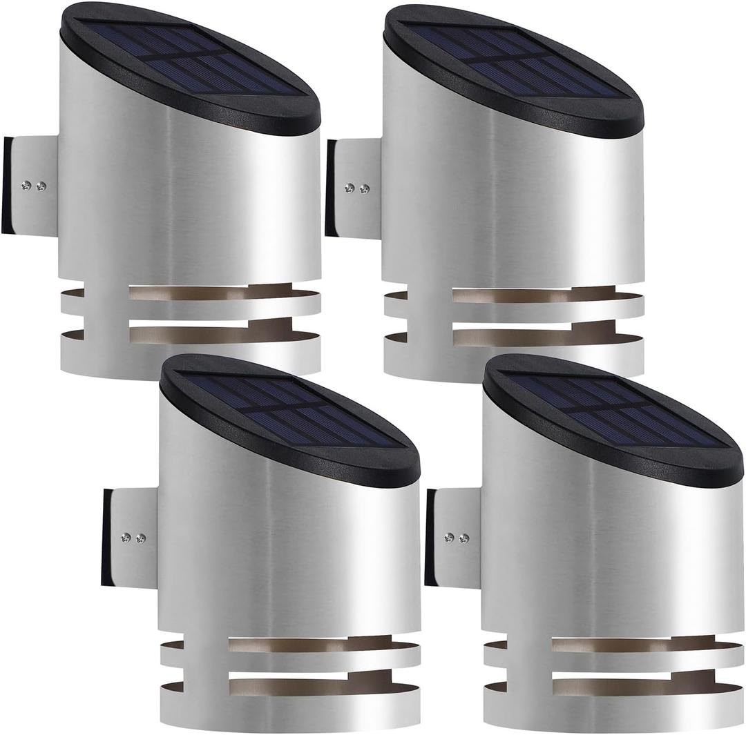 Dynaming 4 Pack Solar Wall Lights, Stainless Steel Cover Outdoor Wall Sconce Lights, Cordless LED Lights Auto On/Off Mounted Fence Deck Light, Waterproof for Garage Stair Patio Porch Barn Yard