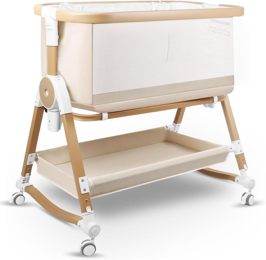 4 in 1 Baby Bassinet, Bassinets Bedside Sleeper with Wheels and Storage Basket, Adjustable 7 Heights Bedside Sleeper with Mosquito Net, Breathable Mesh Rocking Bassinet for Baby (Beige)