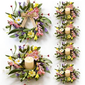 4 Pcs Mini Spring Candle Rings Wreaths Pink White Daisy Flower Small Pillar Holder Wreath Artificial Purple Wild Flower Summer Floral Wreath for Farmhouse Porch Front Door Cabinets Table Decoration