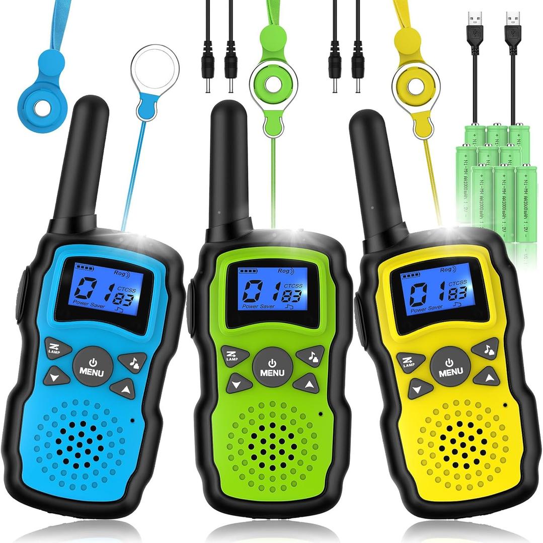 Wishouse Walkie Talkies for Kids Rechargeable Long Range, Xmas Birthday Gift for Boys Girls 4 5 6 7 8 9 10 Year Old, Hiking Gear Camping Games, Toys with Flashlight, VOX, Easy to Use 3 Pack