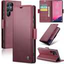 for Samsung Galaxy S24 Ultra Wallet Case with Credit Card Holder, PU Leather RFID Blocking Folio Flip Kickstand Magnetic Clasp Protective Phone Cover for Women Men Wine Red