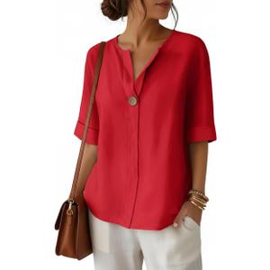 ETCYY NEW Summer Shirts for Women Button V Neck Blouses 2026 Short Sleeves Dressy Casual Tunic Tops (Red, XL)