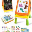 Elovien Easel for Kids, 4 in 1 Double Sided Toddler Art Easel with Chalkboard & Magnetic Whiteboard, Foldable Tabletop Easel with Drawing & Writing Accessories - Educational Gift for Boy Girl (Orange)