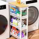 OKZEST Utility Slim Storage Cart, 4 Tier Small Rolling Kitchen Laundry Room Cart with Wood Top, Metal Narrow Bathroom Storage Cabinet Mobile Shelf Unit Organizer Trolley with Handle for Narrow Space