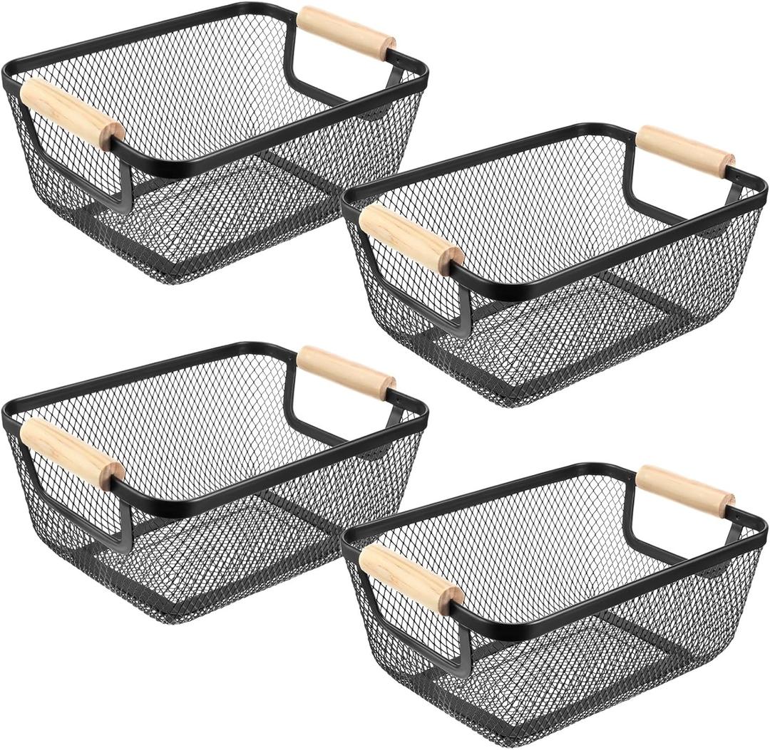 Ziliny 4 Pcs Metal Wire Basket with Wooden Handles Mesh Steel Storage Organizer Bin Containers for Home Organizing Cabinet Pantry Closet Kitchen Fridge Fruit Makeup Snacks Gifts(Small,Black)
