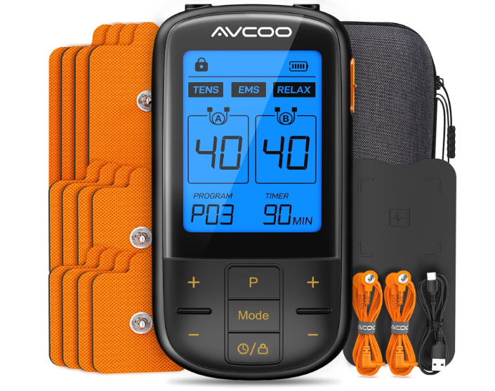 AVCOO 3in1 TENS Unit with 32 Modes, Dual Channel EMS Muscle Stimulator with 40 Intensities for Gradual Pain Relief Therapy, Rechargeable Electronic Pulse Massager with 12 Electrode Pads, EVA Case