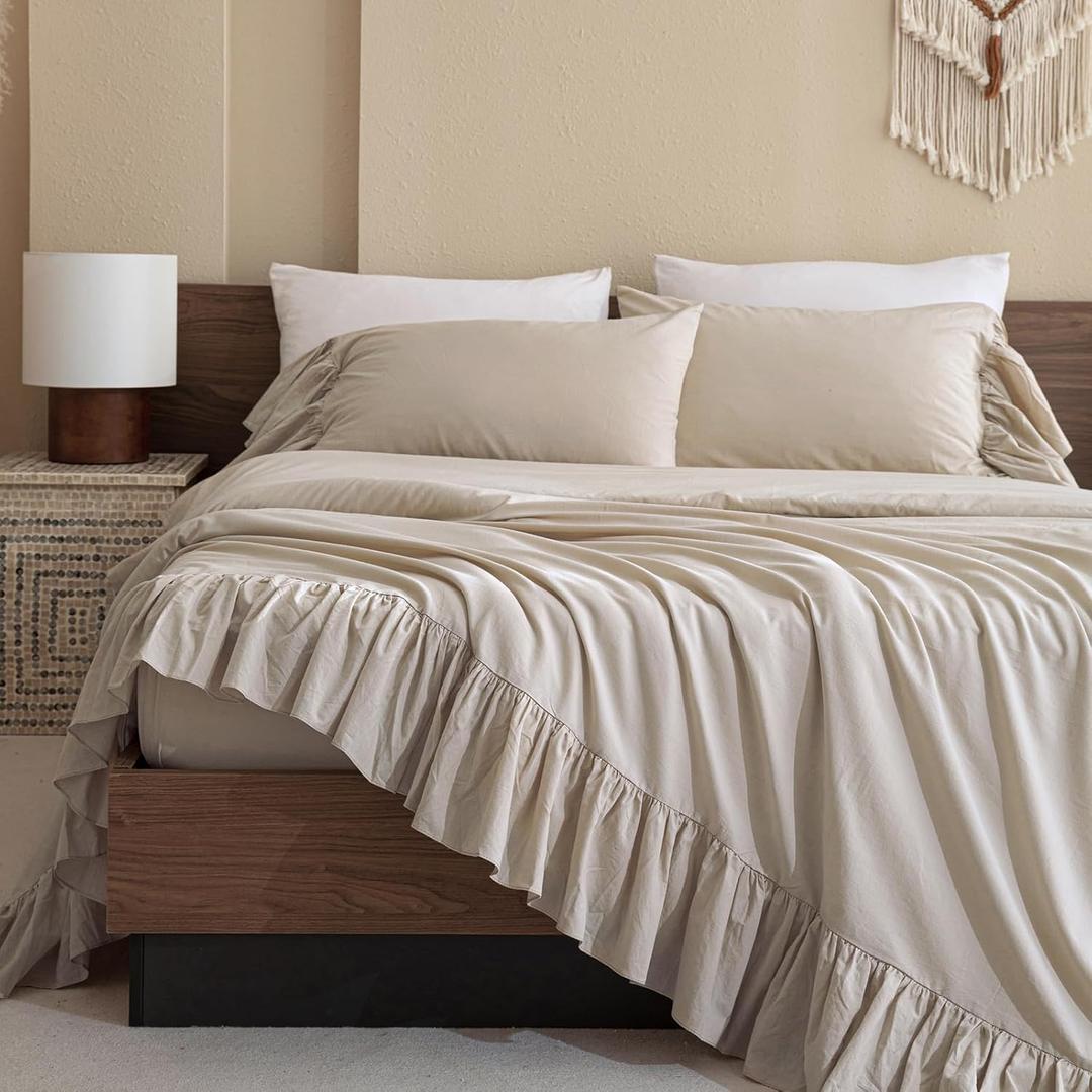 QSH 100% Cotton Queen Sheet Set,Ruffle Bed Sheets Linen Feel Textured Farmhouse Shabby Vintage Chic Bedding 4 Pieces Aesthetic French Country Queen Bed Set Soft Breathable QSH 100% Cotton Queen Sheet Set,Ruffle Bed Sheets Linen Feel Textured Farmhouse Shabby Vintage Chic Bedding 4 Pieces Aesthetic French Country Queen Bed Set Soft Breathable