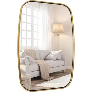 ANDY STAR Brushed Gold Oval Square Bathroom Mirror, 28x36 Inch Brass Oblong Mirrors for Wall, Modern Squoval Vanity Mirror in Stainless Steel Metal Tube Frame, Wall Mount Horizontal or Vertical