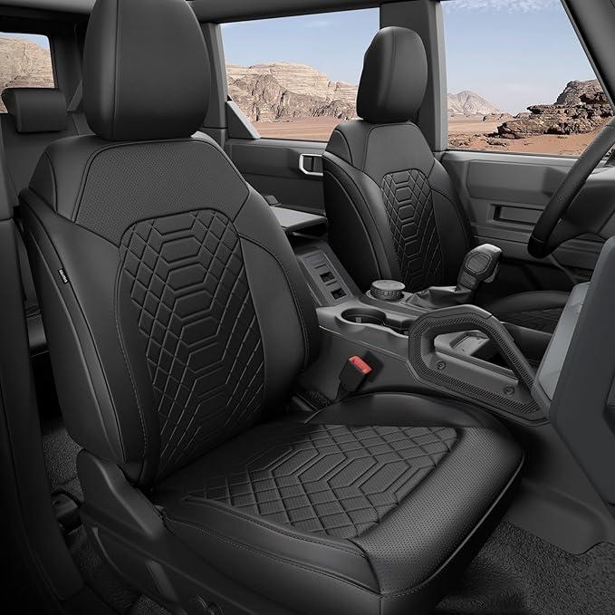 FREESOO Custom Fit Seat Covers for Ford Bronco 4 Door 2021-2026, Faux Leather, Durable, Breathable, 4‑Layer Waterproof, F/R Headrest, Airbag Deployment Compatible - Black, Full Set W/O Rear Armrest