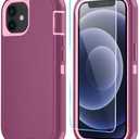 ouyncase Phone Case for iPhone 12/13 Mini with HD Screen Protector, Heavy Duty Shockproof & Dropproof 3-Layer Cover Case (WineRedPink)