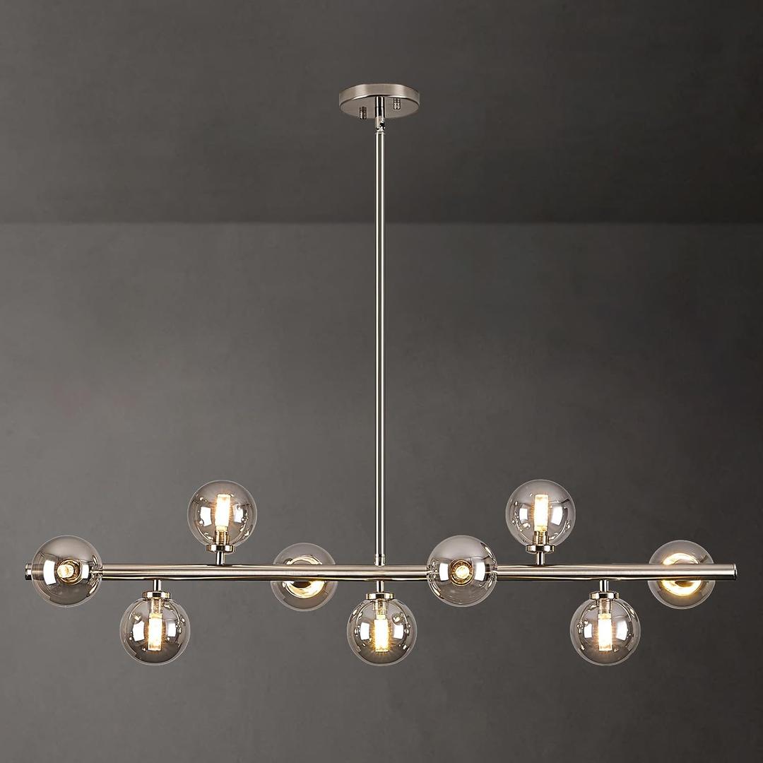 Modern Glass Globe Sputnik Chandelier, 9-Light Linear Chandeliers for Dining Room and Kitchen Island, Mid Century Light Fixture Over Table, Nickel and Smoke Grey Bubble, 40 Inch