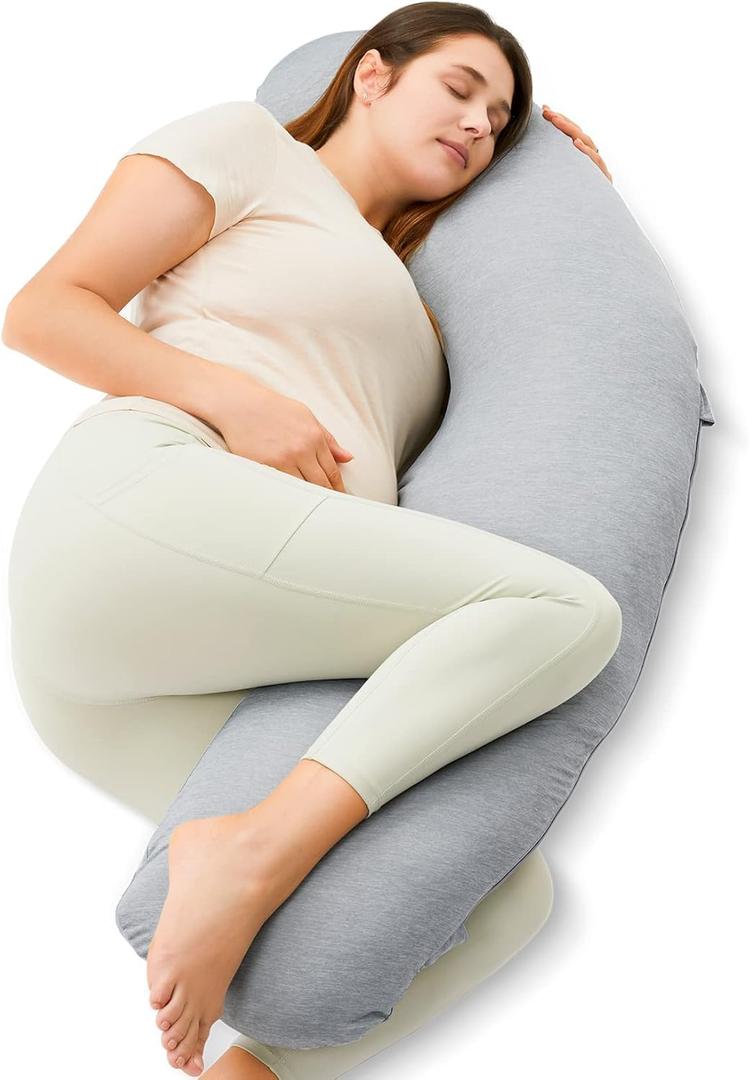 Momcozy J-Shaped Pregnancy Pillow for Sleeping with Cooling Cover, Side Sleeper Support for Belly, Hip & Leg, Deep Grey, 48inch
