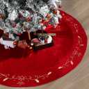 QOUBAI 60inch Extra Large Christmas Tree Skirt Red Luxury Velvet Plush Fur Skirts with Gold Embroidery Xmas Velvet Tree Skirt Holly Leaves Gold Embroidered Tree Skirt for Christmas Holiday Party Decor