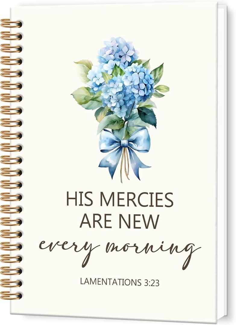 TWRVI Blue Hydrangea Christian Spiral Notebook, Religious College Ruled Notebook Journal for School Office Supplies, His Mercies Are New Every Morning Bible Journaling Notebooks 5.5"x8.3" 164 Pages