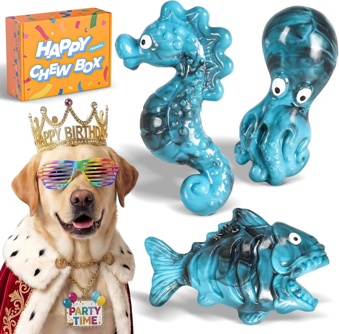Dog Toys for Aggressive Chewers: Gift Box with 3 Pack Indestructible Dog Toy, Bacon Flavored Big Tough Chew Bones for Medium Large Breed 25-90lbs to Keep Them Busy, Birthday Holiday Dog Gift (Sea-blue)