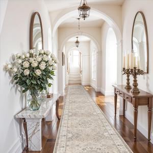Hallway Washable Runner Rug - 3x20 Kitchen Rugs Entryway Rug Long Runner Vintage Soft Floor Mat Non Slip Indoor Farmhouse Carpet for Bathroom Living Room Bedroom (3 X 20, Beige) (3' x 20', Beige)