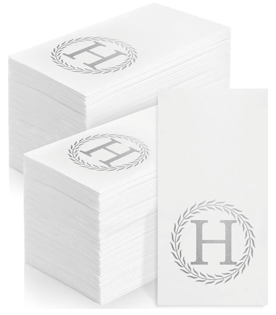 100 Silver Monogram Disposable Napkins  Letter H Hand Towels Decorative, Dinner Napkins for Guest, Monogrammed Hand Towels for Bathroom Wedding Birthday Party Baby Shower