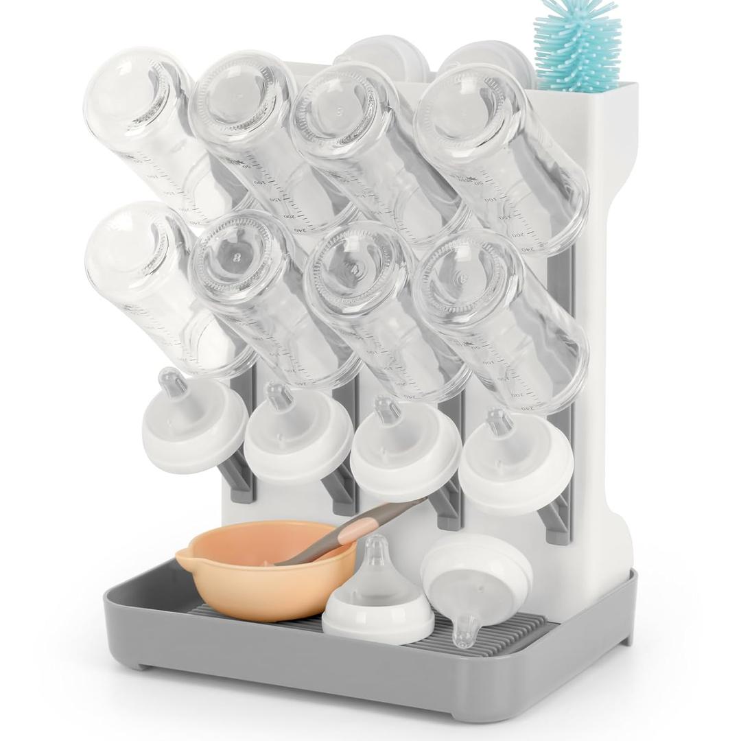 Flysich Baby Bottle Drying Rack, Space Saving Baby Bottle Organizer for Countertop, Vertical Bottle Dryer Holder with Brushes Holder, Large Bottle Storage Holder 12 Bottles & Baby Accessories Grey (1pcs, Gray)