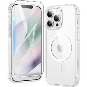FNTCASE for iPhone 13 Pro Case: Clear Magnetic Phone Cases with Screen Protector Compatible with Magsafe Slim Anti Yellowing Rugged Shockproof Protective Transparent Cell Phone Cover (A-Clear)