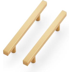 Ravinte 5 Pack Brass 4 Inch Hole Center Champagne Gold Handles Square Cabinet Hardware Stainless Steel Pulls for Kitchen Cupboard Drawers 6-3/8 Inch Overall Length