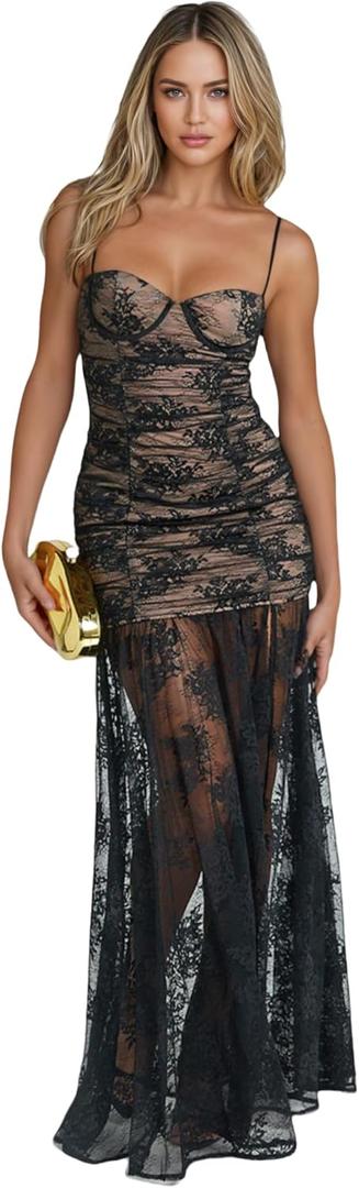JUMISEE Women Elegant Spaghetti Strap Lace Maxi Dress Sexy Sheer Flowy Cocktail Dress Ruched High Slit Bodycon Dresses (Black) XS