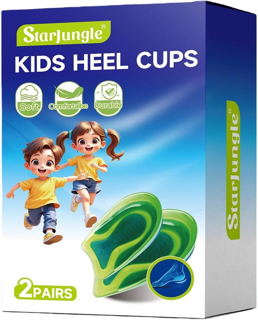 Kids Heel Cups for Heel Pain Sport Shock Absorbing Lightweight Gel Heel Inserts for Kid's with Sensitive Heels, Heel Spurs, Plantar Fasciitis, or Ankle Pain (2 Pairs Kid's Size 3-7 / Women 4-8)