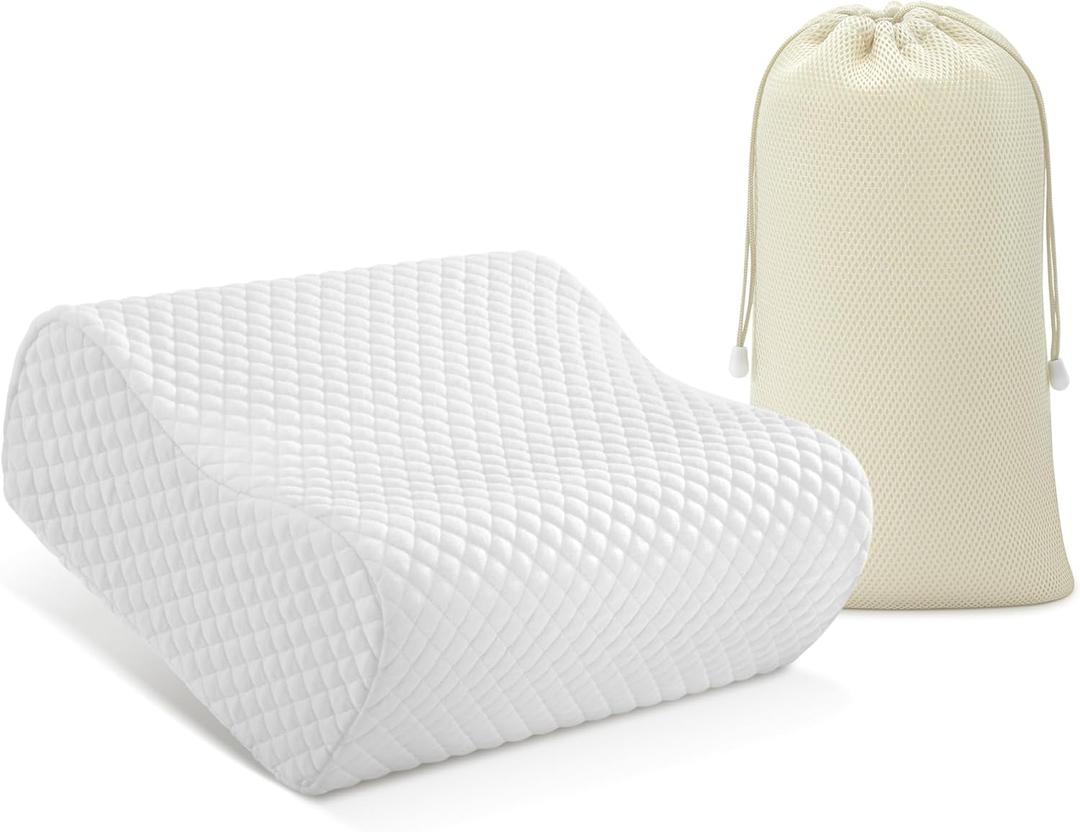 AM AEROMAX Travel Contour Memory Foam Pillow, Cervical Pillow for Neck Pain Relief, Neck Orthopedic Sleeping Pillows for Side, Back and Stomach Sleepers. (Travel - 12Lx11Wx(5"-4")H, White - Soft)