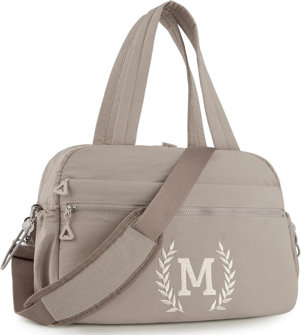 Gym Duffle Bag for Women  Embroidered Custom Initial Sports Bag for Men  Personalized Travel & Workout Duffel with Luggage Sleeve  Thoughtful Gift for Mom, Girl, Daughter, Mother (Camel, M)