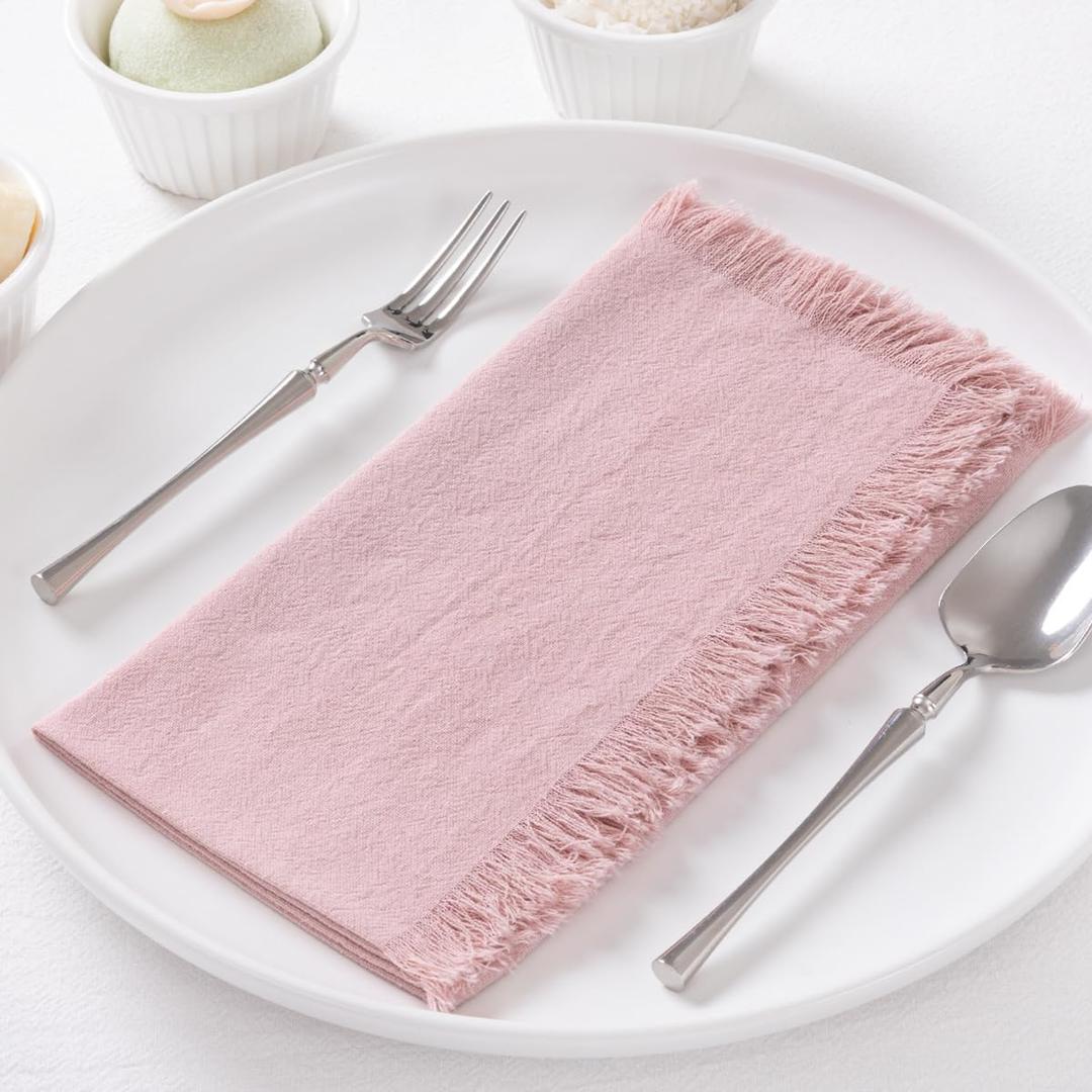 12 Pack Pink Cotton Linen Napkins with Fringe Spring Cloth Napkins Set of 12 Boho Handmade Dinner Napkins Bulk for Wedding Bridal Baby Shower Valentine's Day, 17 x 17 Inches