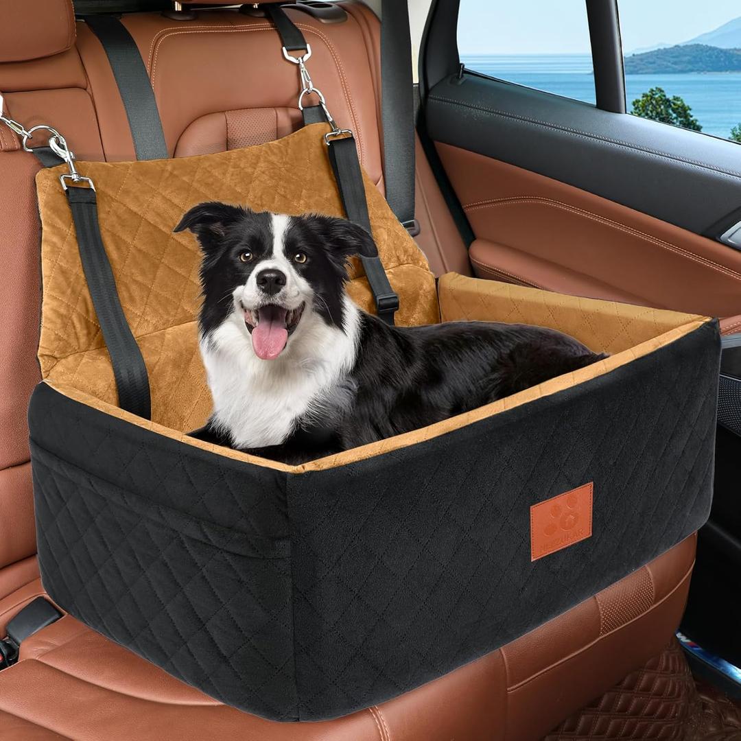 Dog Car Seat for Large Medium Dogs,Washable Pet Car Seat Under 55 lbs or 2 Small Dogs,Dog Booster Seat with Thick Cushion,2 Safety Leashes Travel Car Dog Bed (Black/Brown)